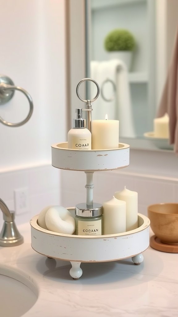 Distressed two-tiered tray with various bathroom items, including candles and lotion, displayed on a bathroom counter.