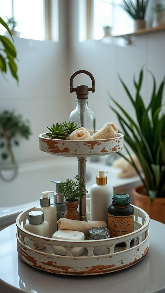 A distressed two-tiered tray displaying various bathroom items and a small succulent plant.