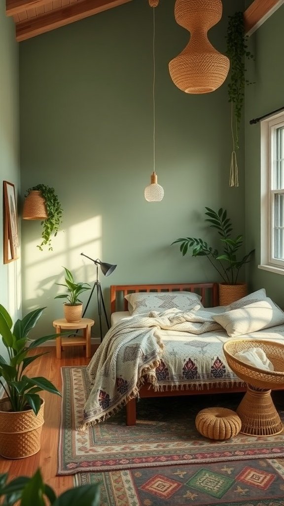 Ethnic sage green bedroom with wooden furniture, plants, and cozy decor