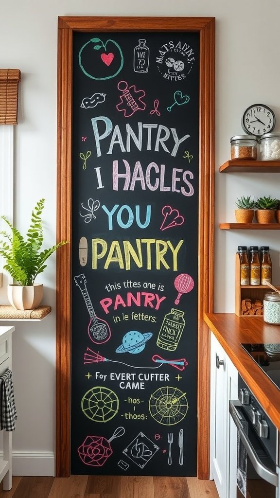 A colorful chalk paint pantry door with playful doodles and phrases.