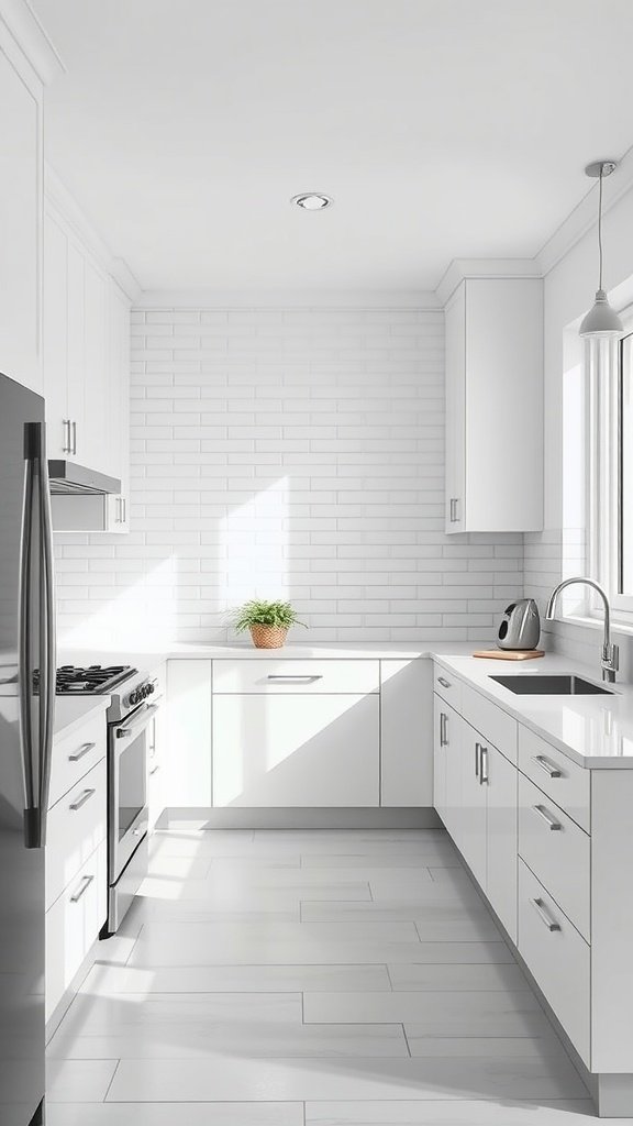 Modern U-shaped kitchen featuring a white tile backsplash and bright sunlight
