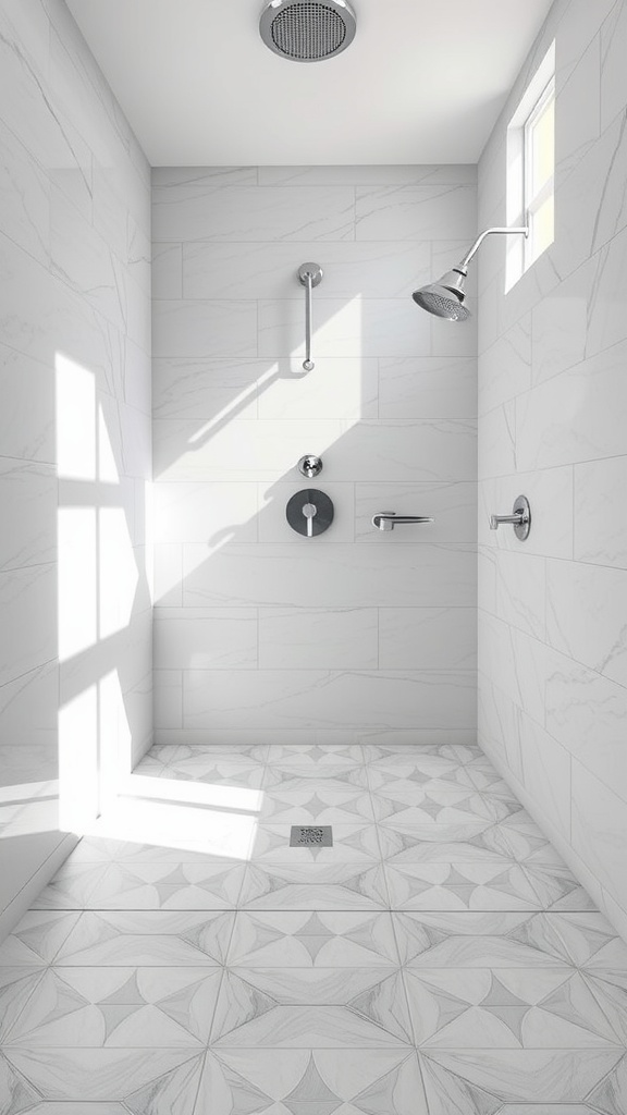 A bright walk-in shower with matching light-colored wall and patterned floor tiles