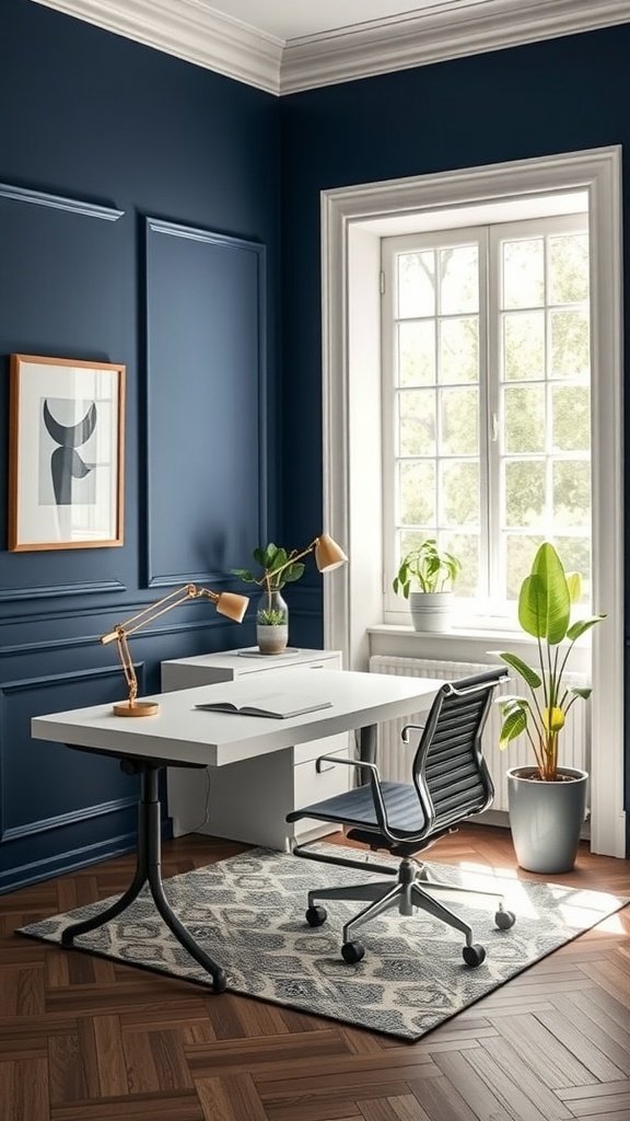 An elegant office featuring navy blue wainscoting, a white desk, an ergonomic chair, and potted plants.