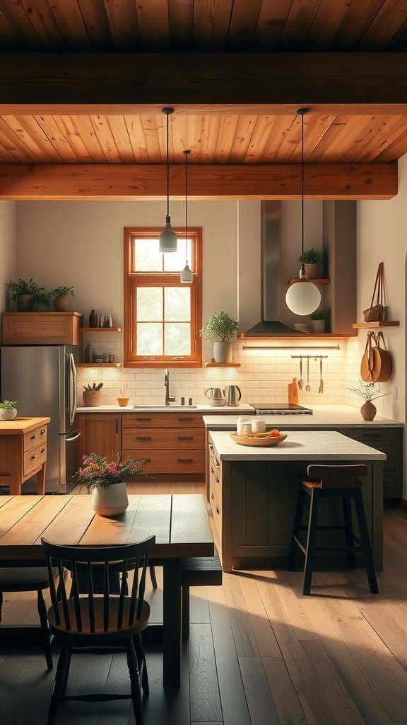 A cozy kitchen featuring wooden beams, neutral colors, and a rustic dining table.