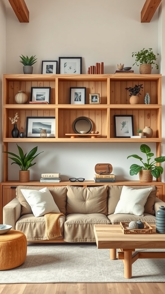 Living room with open shelving in natural wood tones, decorated with plants and photos.