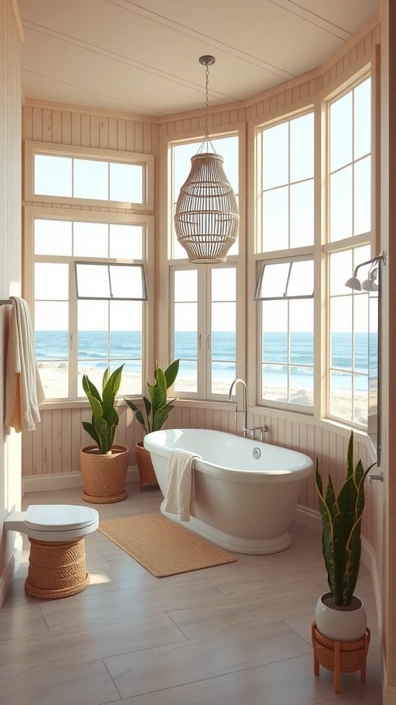 Bright and airy bathroom with large windows overlooking a sandy beach, featuring a freestanding bathtub, plants, and natural wood decor.