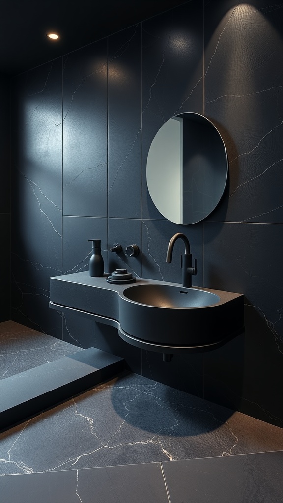 A modern bathroom featuring black slate surfaces, a round mirror, and minimalist fixtures.
