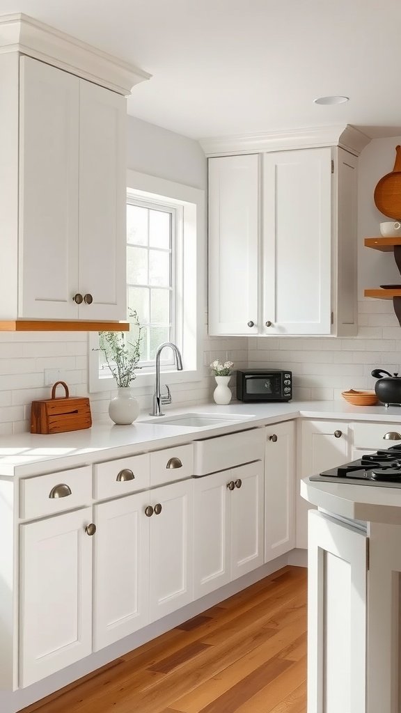 A bright kitchen with simple paneled white cabinets and contrasting black hardware, featuring light wooden flooring and natural light from a window.