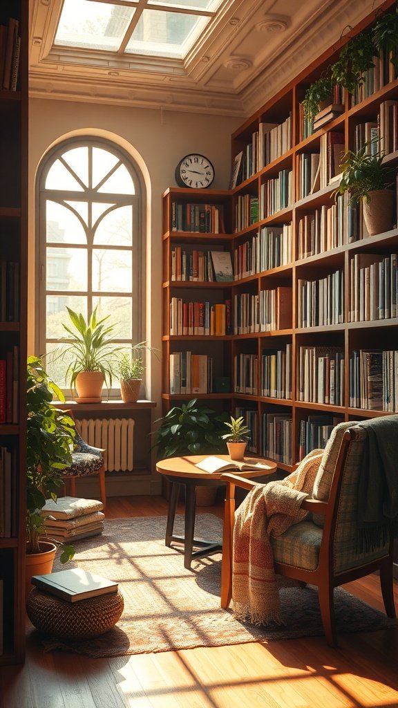 Cozy library room with sunlight, bookshelves, and a comfy chair