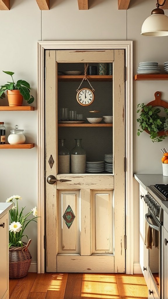 An antique screen door leads to a pantry filled with organized shelves and decor