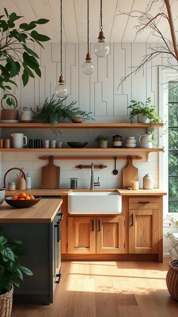 Birch kitchen featuring rustic modern elements with wooden cabinetry, open shelves, farmhouse sink, and hanging pendant lights.