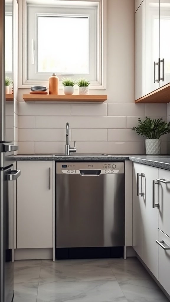 A compact dishwasher in a small modern kitchen with natural light and minimalist design.