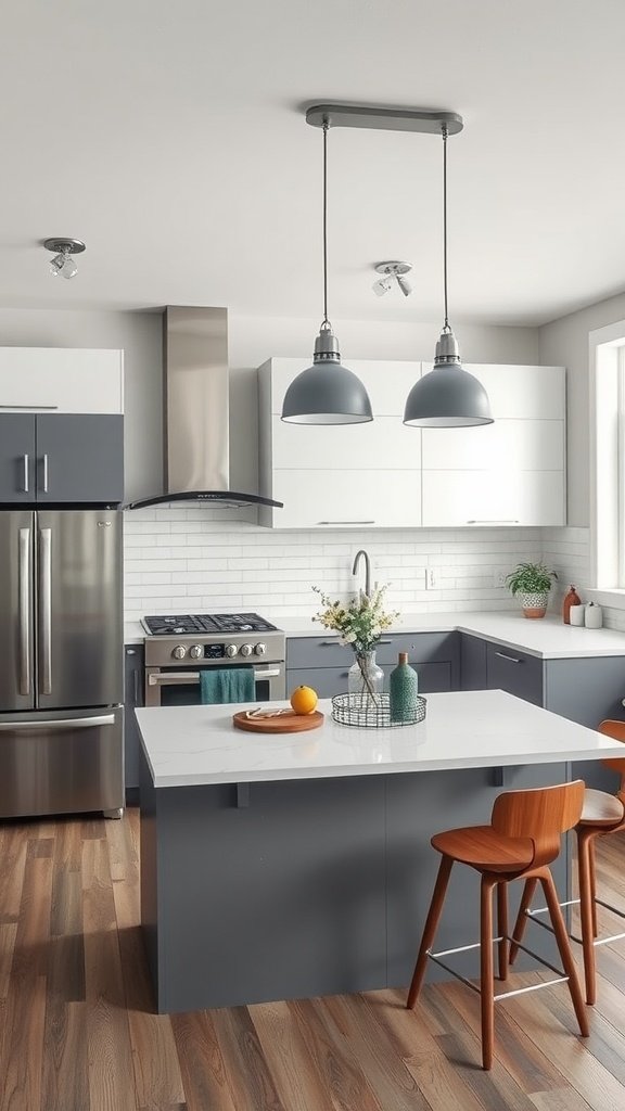 A modern U-shaped kitchen with gray industrial pendant lights, gray cabinets, and a wooden floor