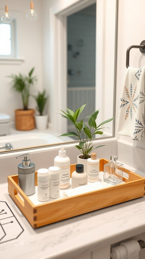 A wooden tray on a bathroom counter holding various skincare products and a small plant.