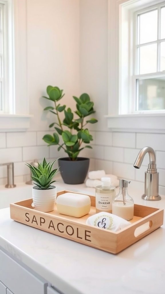 A wooden bathroom counter tray with essentials including a small plant, soap, and liquid soap bottles.