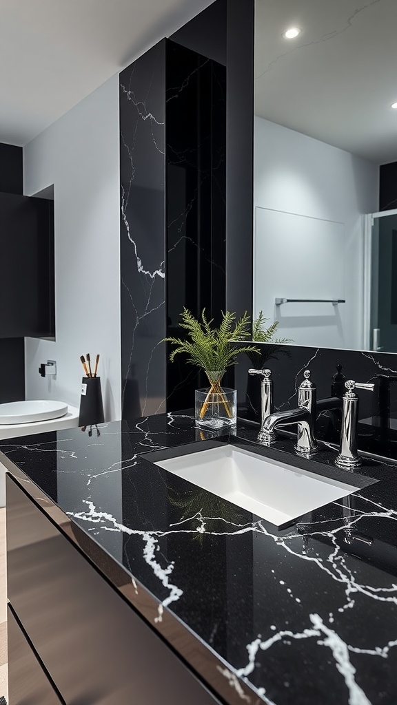 A modern bathroom featuring black quartz countertops with white veins, silver faucets, and a small plant.