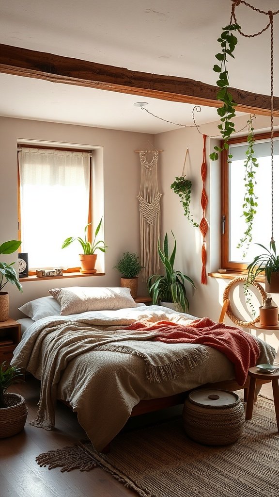 A cozy Boho bedroom with a wooden bed, layered blankets, hanging plants, and natural decor.