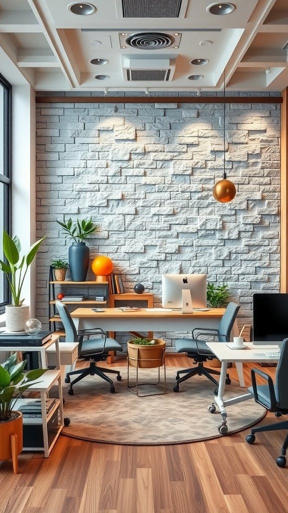 An office with a faux stone wall, modern furniture, and plants, creating a stylish workspace.