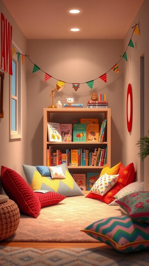 A cozy reading nook for kids with colorful pillows, a bookshelf filled with books, and decorative bunting.