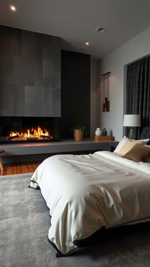 Cozy primary bedroom featuring a modern fireplace and minimalistic decor