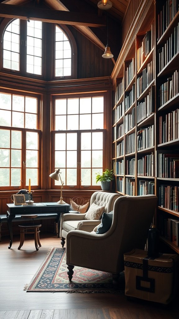 A cozy rustic library room featuring wooden walls, large windows, and a comfortable reading nook.