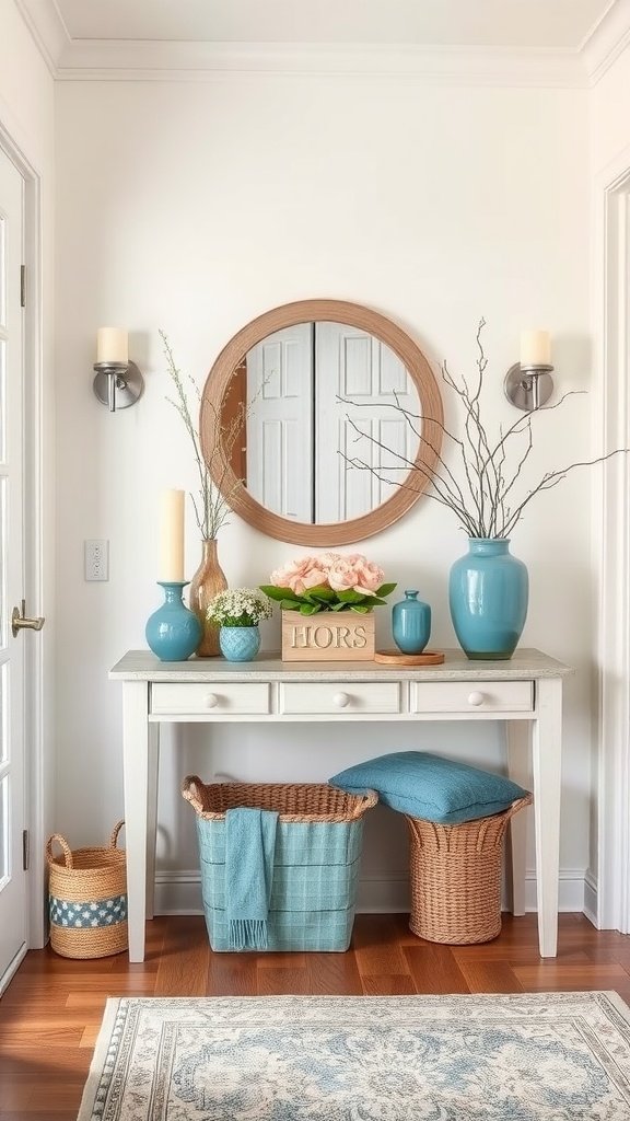 A beautiful entry table decorated with teal vases, flowers, and woven baskets, set against a light wall with a round mirror.