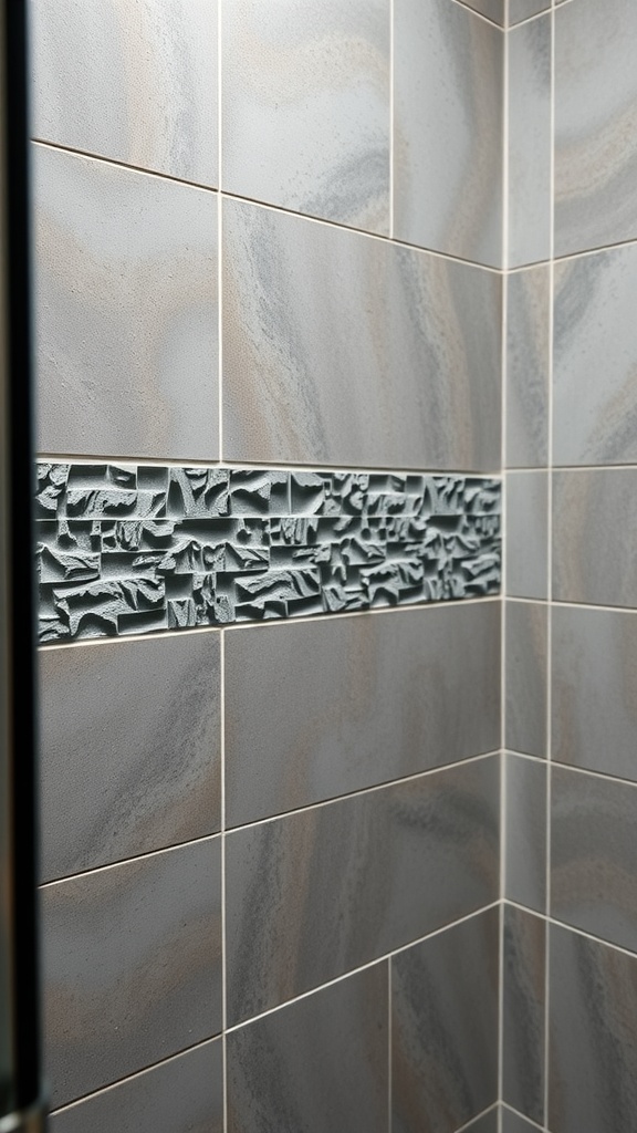 A walk-in shower featuring a stripe of rough textured tile between smooth tiles, showcasing a modern design.