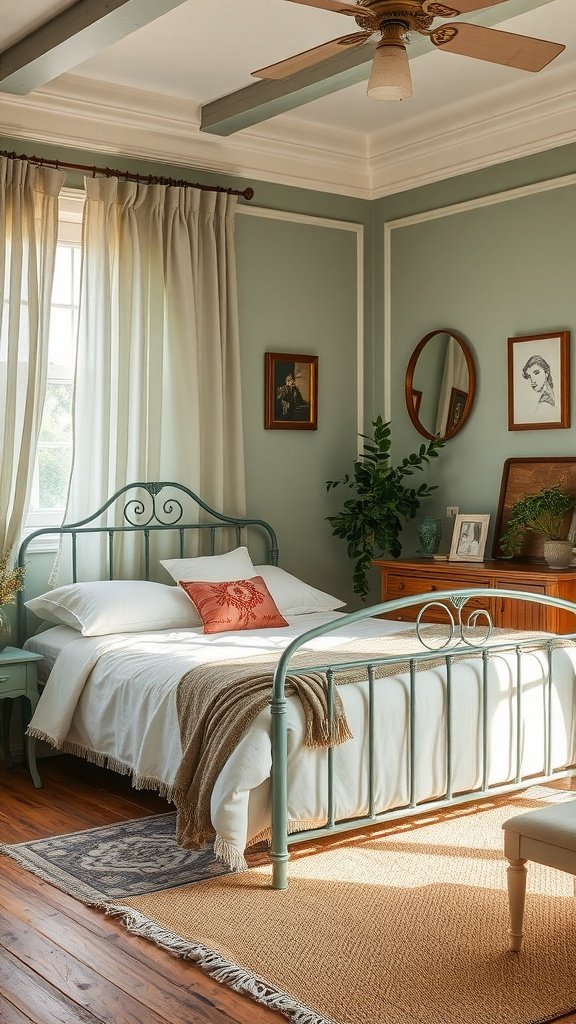 A vintage sage green bedroom featuring a metal bed frame, soft bedding, and vintage decor.