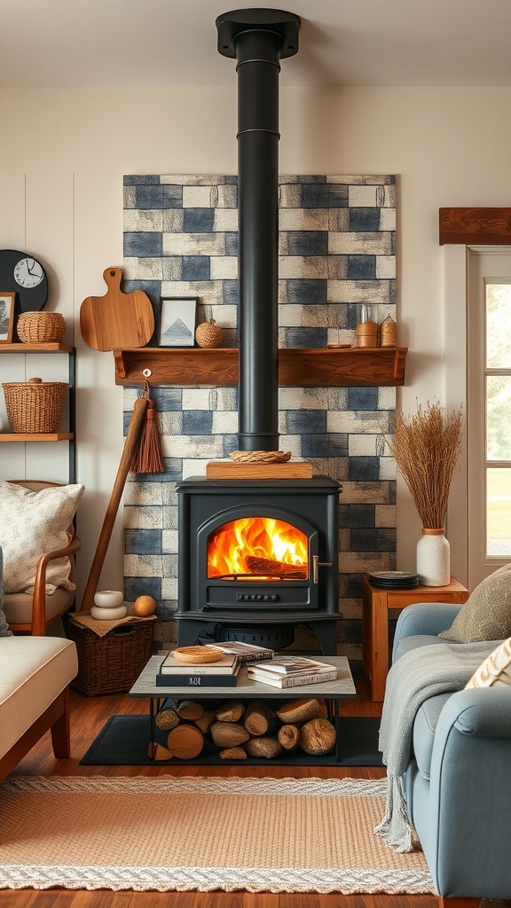 Cozy modern farmhouse living room featuring a wood-burning stove, decorative wall, and rustic accents.