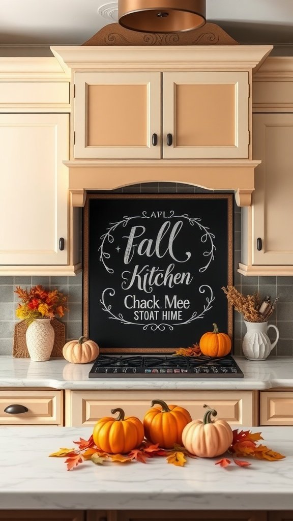 Cozy kitchen with two-toned cabinets, fall decor, and a chalkboard displaying 'Fall Kitchen.'