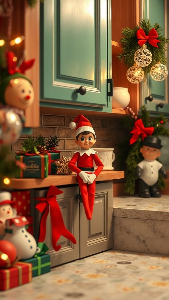 A festive kitchen with an Elf on the Shelf, decorated for the holidays