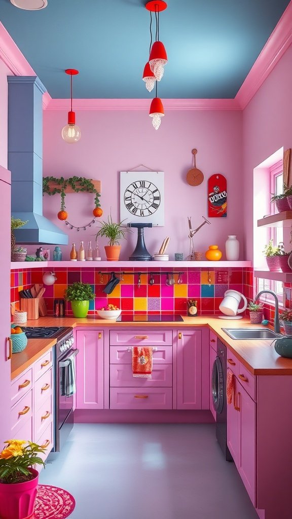 A vibrant U-shaped kitchen featuring pink walls, a blue ceiling, colorful tile backsplash, and playful decor.
