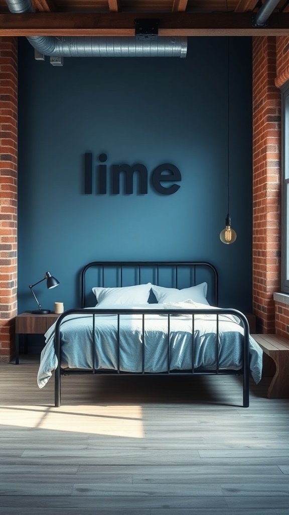 Modern bedroom with blue wall, black metal bed, and industrial elements.