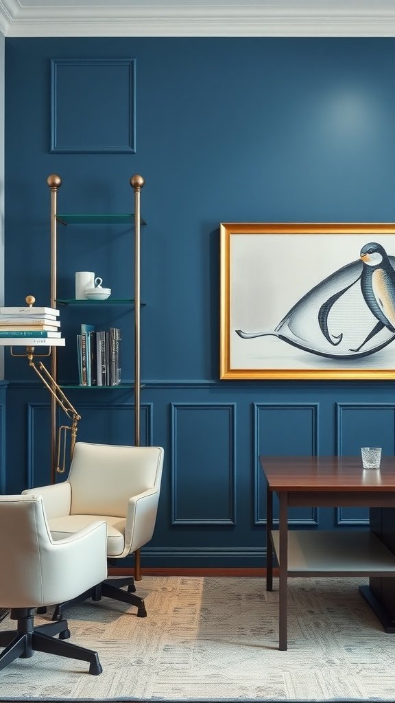 A stylish office with blue wainscoting panels, a gold-framed penguin artwork, and modern furnishings.