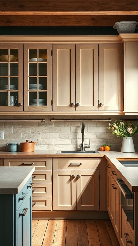 A cozy farmhouse kitchen with light wood cabinets, a blue island, and modern fixtures.