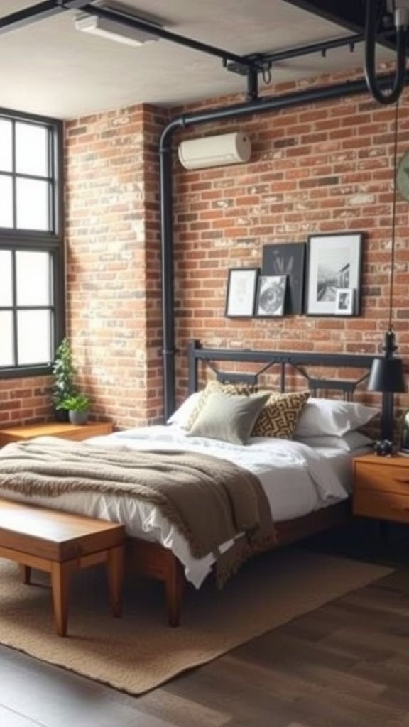 Modern industrial bedroom with corner bed, exposed brick wall, and wooden furniture