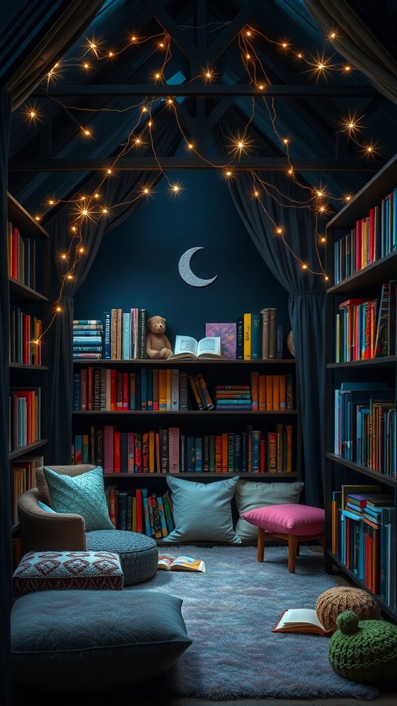 Cozy reading nook with blue walls, colorful bookshelves, cushions, and fairy lights