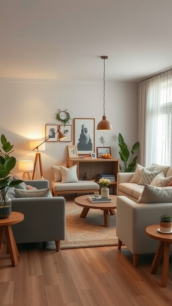 Cozy living room-dining room combo with comfortable furniture and plants.