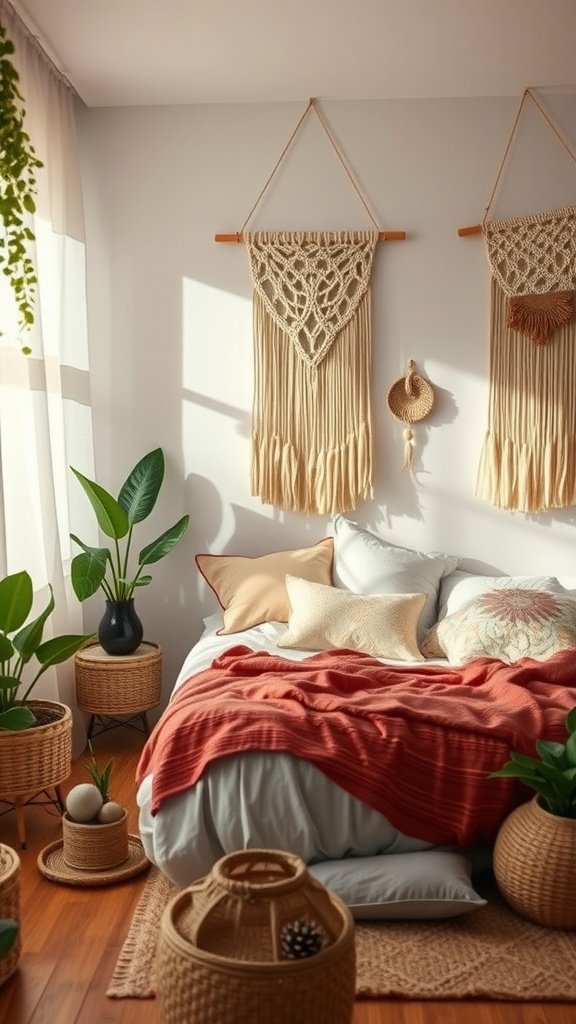 A cozy boho bedroom with macramé wall hangings, warm bedding, and lush plants.