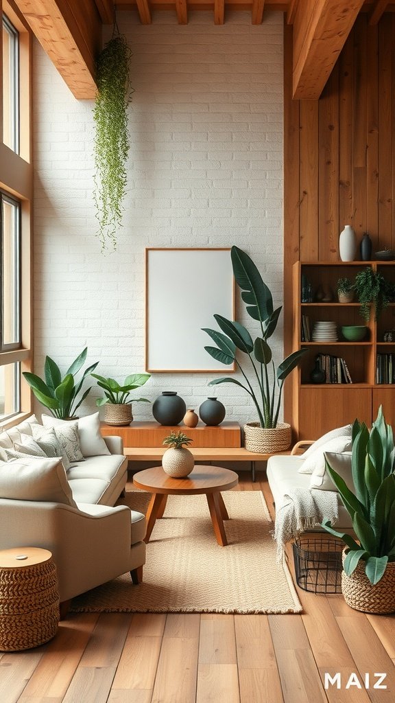 A cozy earthy living room with natural light, wooden beams, and plenty of plants.