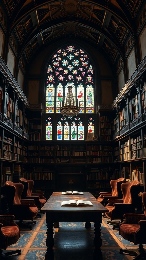 Gothic style reading room with stained-glass windows, wooden bookshelves, and red velvet chairs.