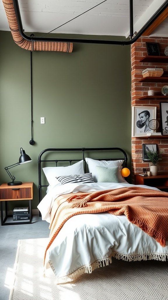 Industrial sage green bedroom featuring a black bed frame, orange throw blanket, and exposed brick wall.