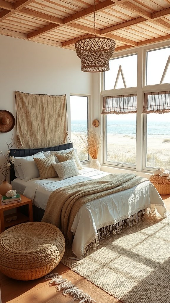 A bright boho bedroom featuring a bed with white linens, a woven light fixture, and large windows overlooking a beach.