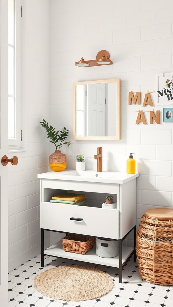 Stylish Godmorgon Drawer Vanity Unit in a small bathroom with decorative elements