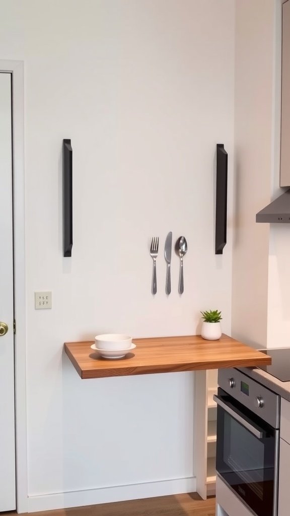 A wall-mounted fold-down table in a small kitchen, with a bowl, plate, and a plant on top.