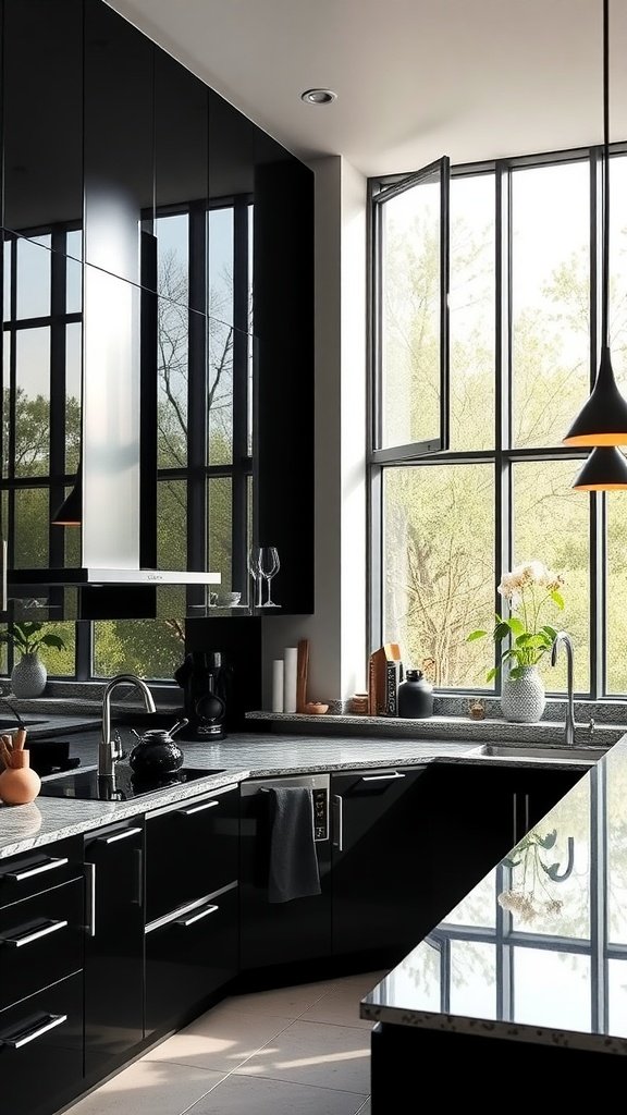 Modern U-shaped kitchen with black cabinets and large windows