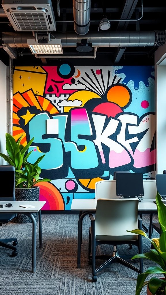 A colorful graffiti mural in an office space with desks and plants.