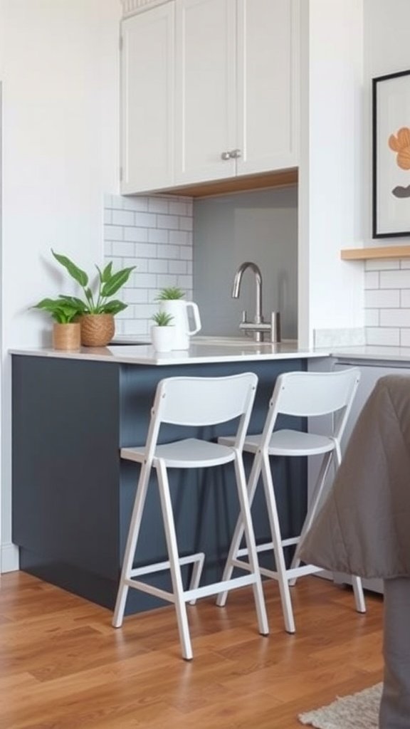 A small kitchen featuring dark countertop with two foldable white bar stools stored underneath.