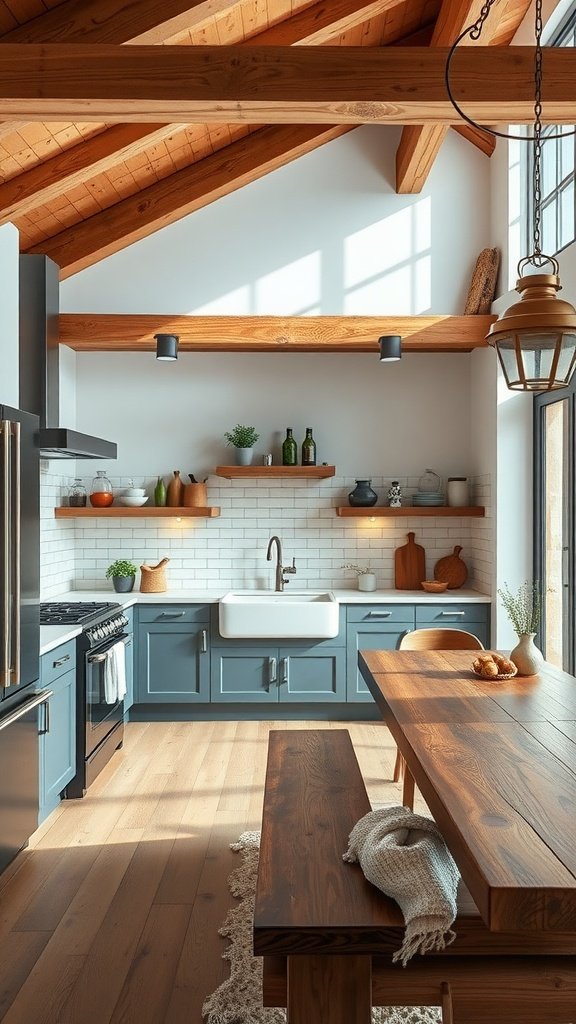 A modern kitchen with rustic influences, featuring blue cabinets, wooden beams, and a farmhouse sink