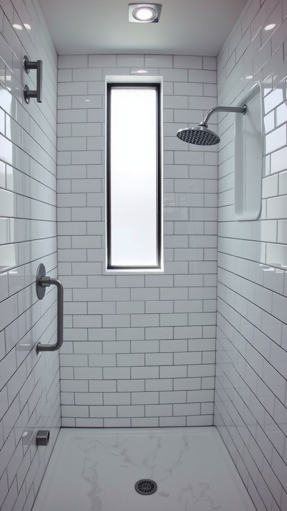 Modern walk-in shower with subway tiles and large window